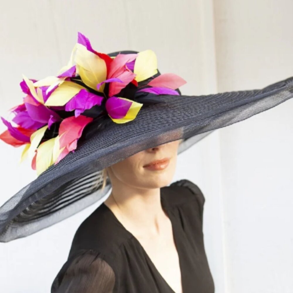 NWT Kentucky Derby Scala Big Brim Multi Colored Feather Sinemay Mesh Hat - Picture 11 of 11